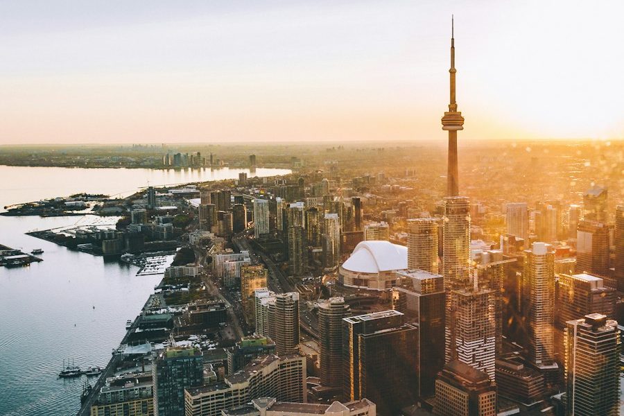 Toronto skyline and the CN Tower at sunset