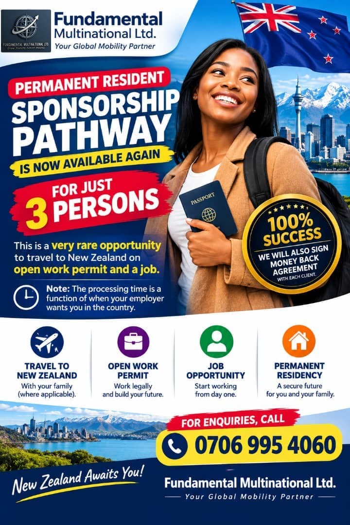 New Zealand permanent resident sponsorship pathway flyer, for enquiries call 0706 995 4060